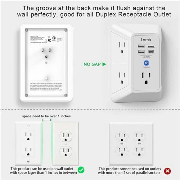 5 Outlet Extender Multi Plug Wall Outlets with 4 USB Charging Ports 1 USB C Out - Picture 5 of 8